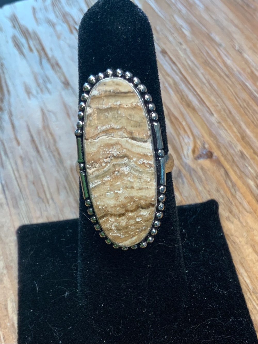 Picture Jasper Tan Gemstone Beaded Oval Silver Underlay Ring - 8